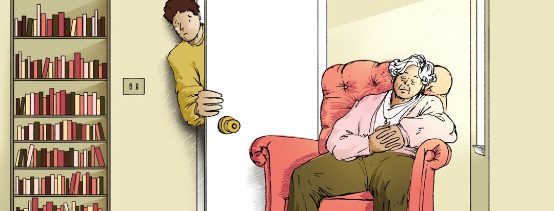 An elderly woman with sleep apnea is napping in an armchair while daylight from a window streams into the room. A younger man peeks through a doorway to look at the woman with a concerned expression on his face