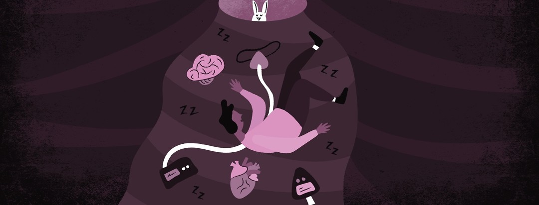 a man with sleep apnea falling down a rabbit hole surrounded by a CPAP machine, a heart, a brain, and a type 2 diabetes blood test strip