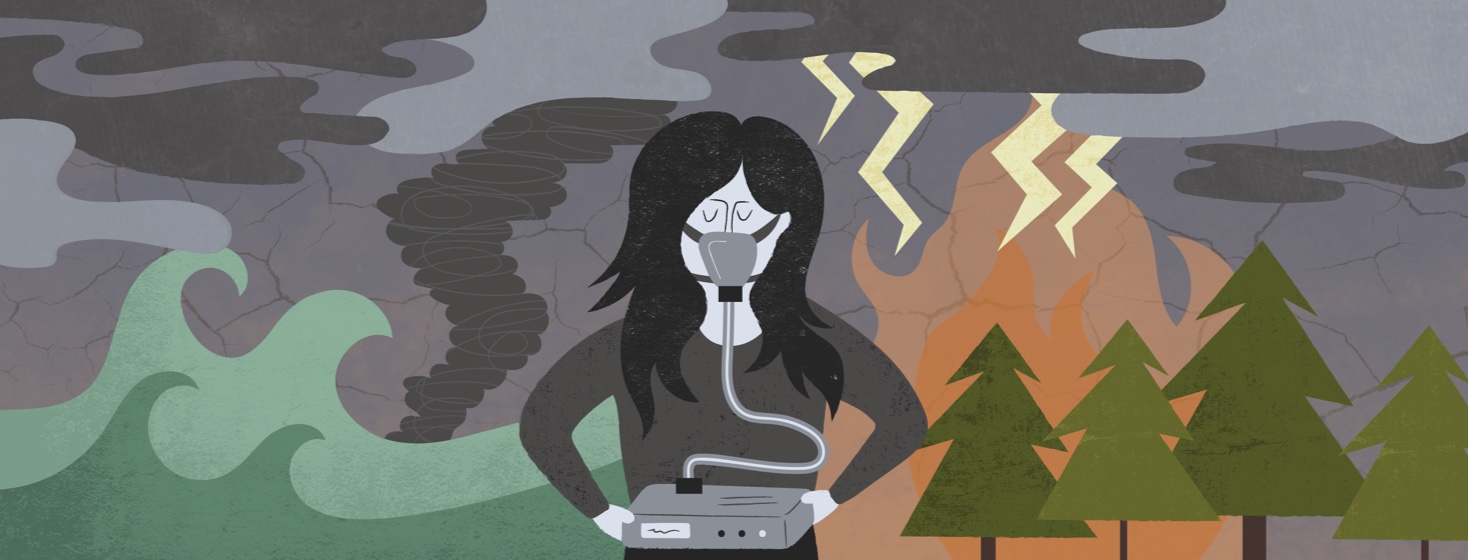 a woman standing calmly using her CPAP machine, while surrounded by natural disasters such as floods, fires, lighting storms, and a tornado