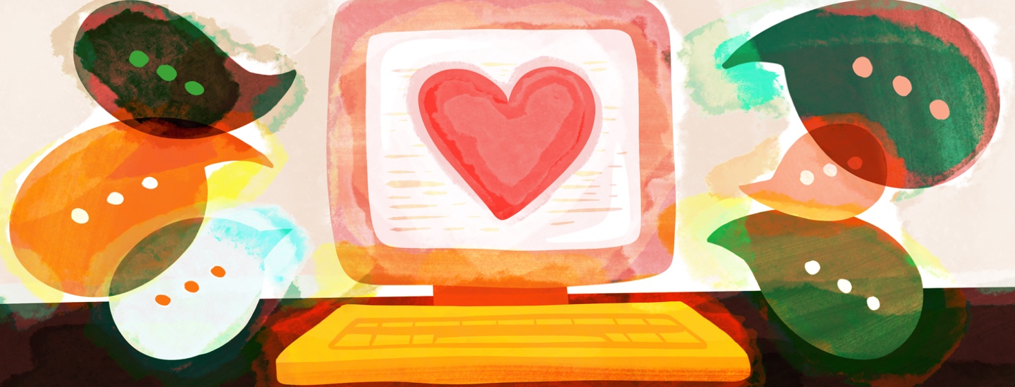 A computer screen shows a large heart while dialogue bubbles are sprouting from the screen, showing online community for sleep apnea