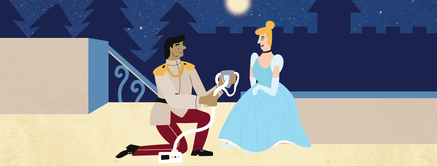 A prince kneels before a princess presenting her a CPAP machine mask
