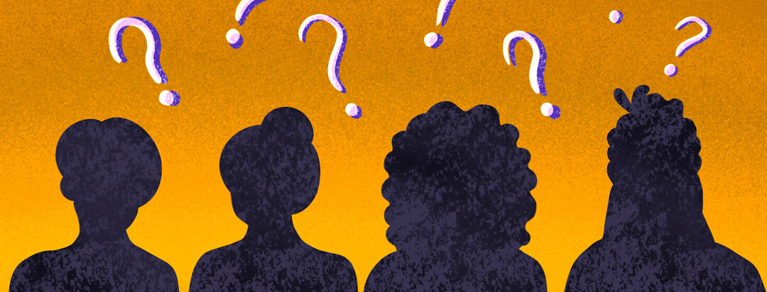Four people in silhouette featured with question marks above their heads