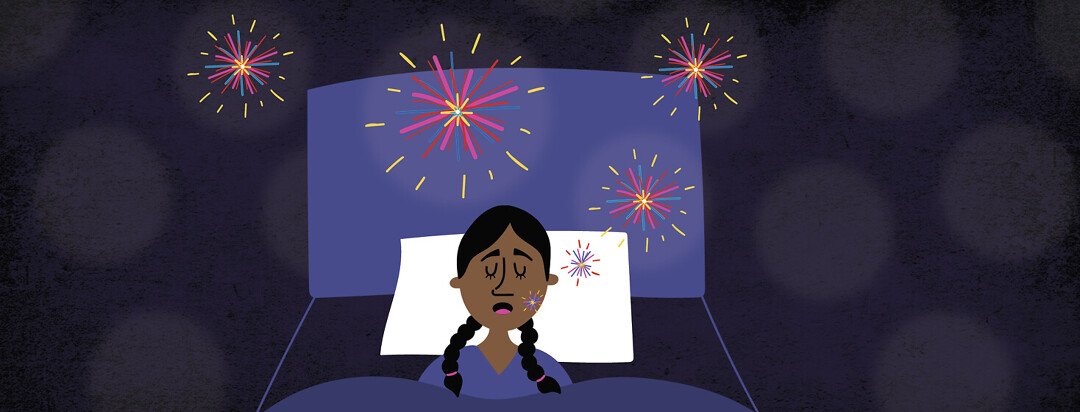 a woman sleeping and her snoring is represented by fireworks