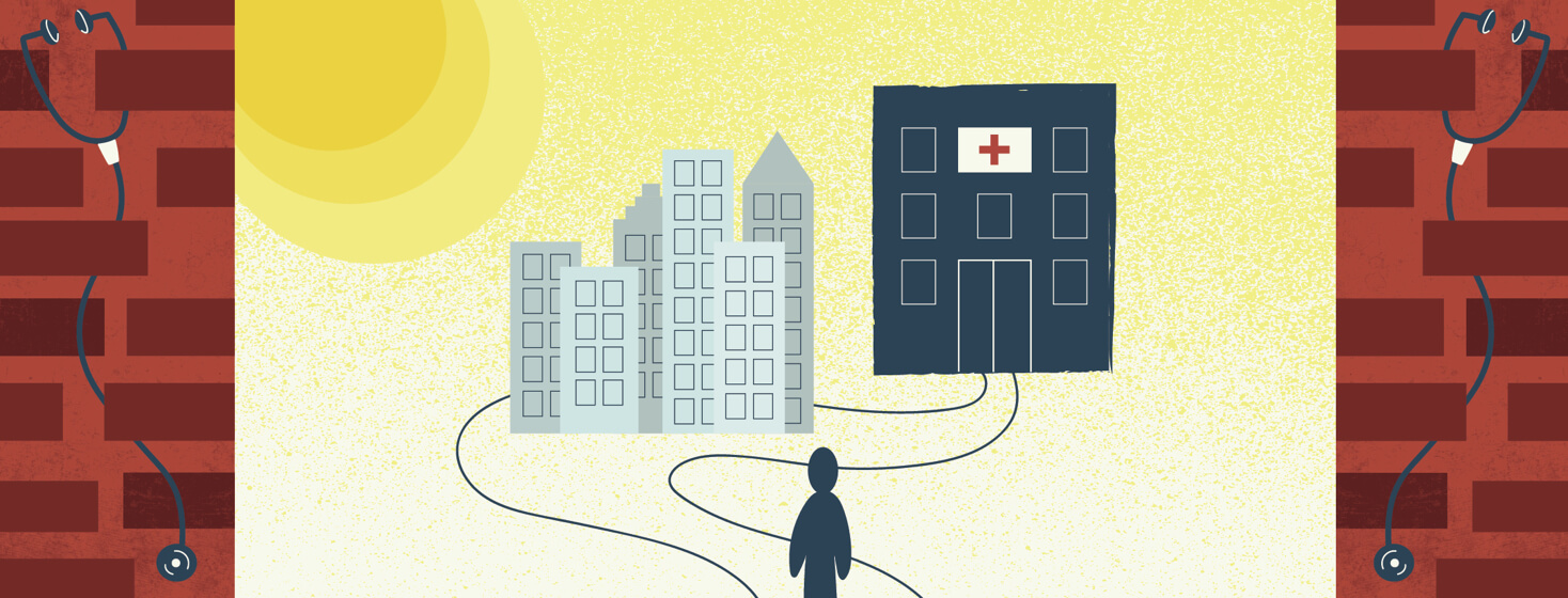 a person's path to a doctor's office being blocked by a group of tall city buildings