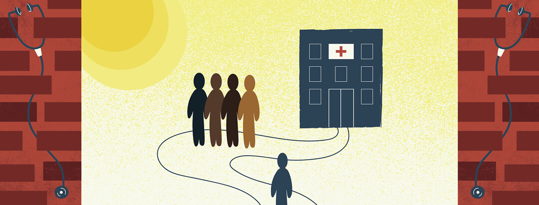 a person's path to the doctor's office blocked by a group of diverse people