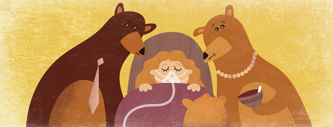 a person sleeping soundly in a bed wearing a CPAP mask while three bears stand around her