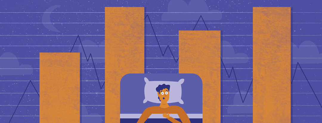 a man laying in bed wakes up in a panic, with a night time sky behind him as well as bars showing sleep stages and a line showing brain waves