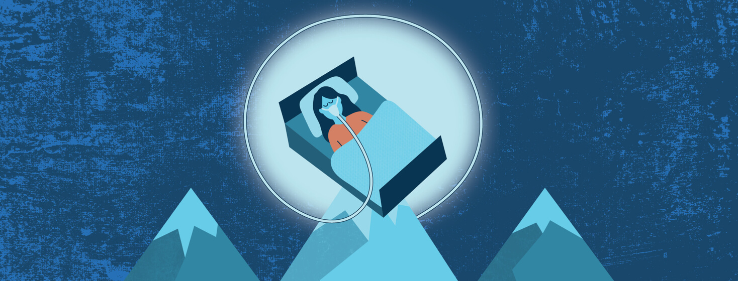 a woman sleeps in a bed perched on a mountain top with her CPAP tubing circling her and keeping her safe
