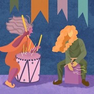 A person yelling and banging loudly on a drum, next to a wild-haired person also banging on a box used as a stool.