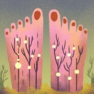 Spindly, leafless trees to either side of a pair of feet with branching blood vessels dotted in glowing spots.