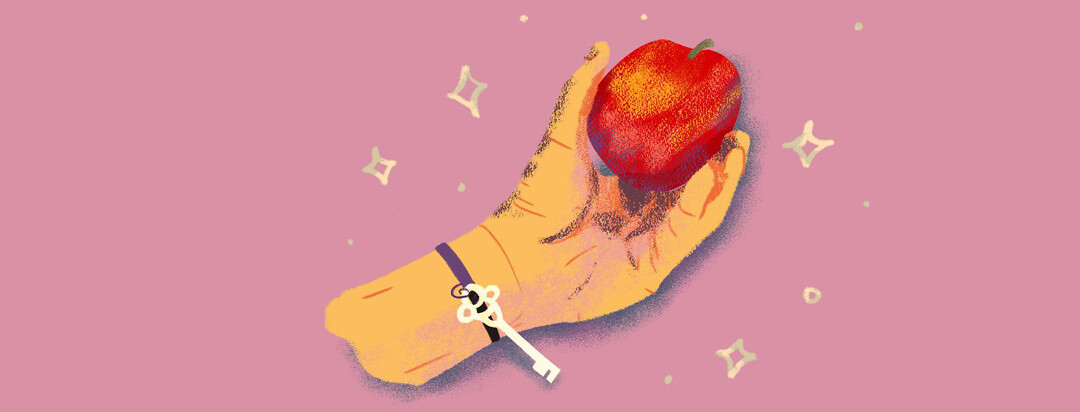 A hand holding an apple and wearing a key on a bracelet, surrounded by sparkles.