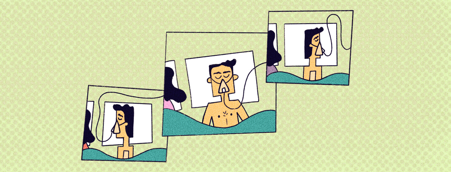 a man shown in three scenes, each of which depicts him laying in bed in different positions wearing his CPAP machine