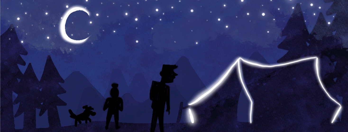 A family at night walks toward a glowing tent under a starry night sky.
