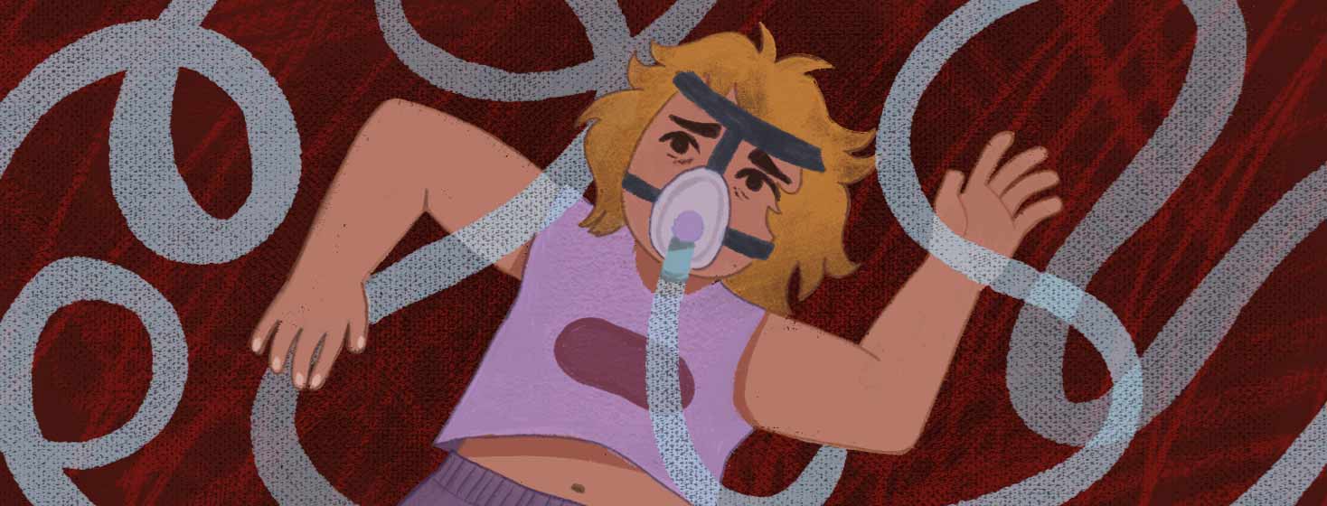 Adult wearing CPAP is frustrated with tubing that is entangling them. Latinx, NB, Nonbinary, Genderqueer