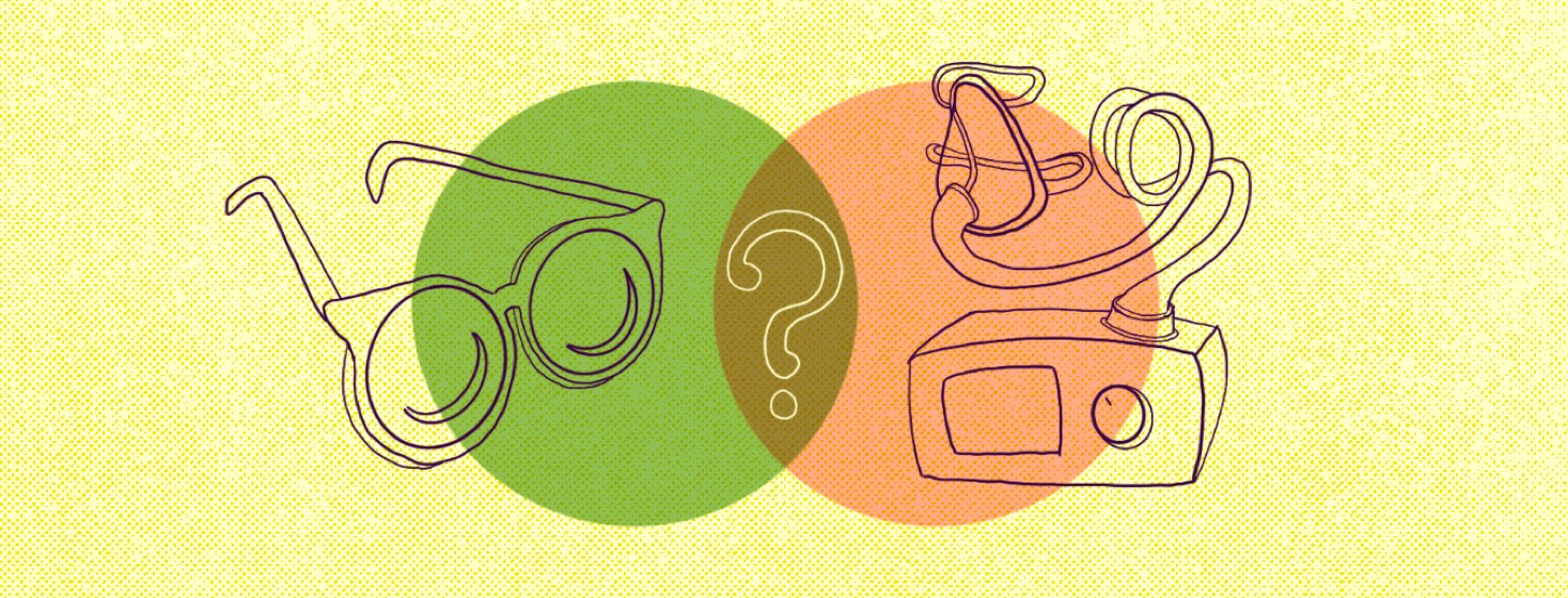 A Venn Diagram with glasses on one side and a CPAP machine on the other, with a question mark in middle overlap space.
