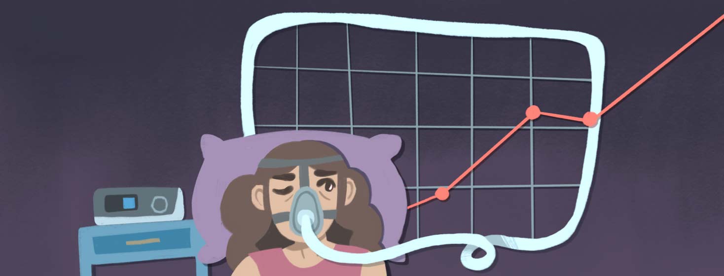 Adult female with CPAP mask and machine trying to sleep while looking at the data on the graph behind her with one eye open. Sleep study.