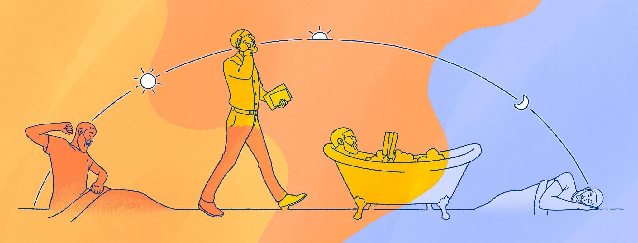 A man going through the cycle of a day, from waking up, too working, to winding down with a bath and a book, to going to sleep.