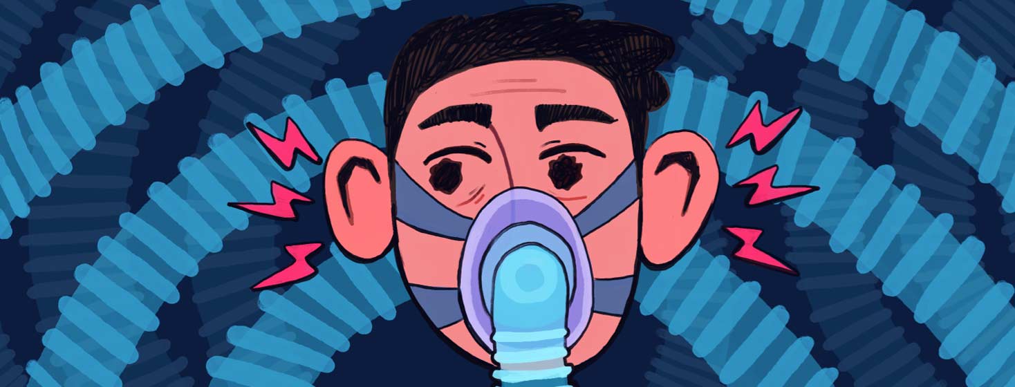 Adult male wearing CPAP mask looking at his ringing ears. Behind him is CPAP tubing that is imitating echoing sound waves. Sleep Apnea, Tinnitus.