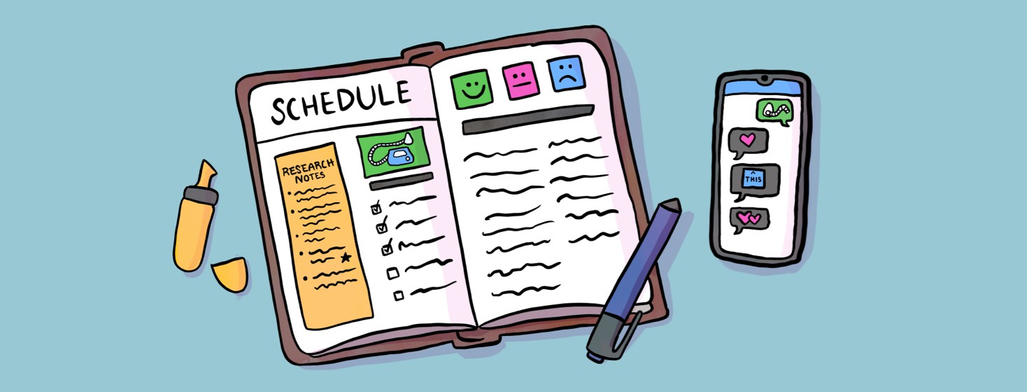 A notebook opened to a spread of pages with a schedule for CPAP use and checkboxes underneath, a section for research notes, and a journal entry beneath three faces showing a mood scale. Beside the notebook is a phone showing a text message thread with many messages of support.