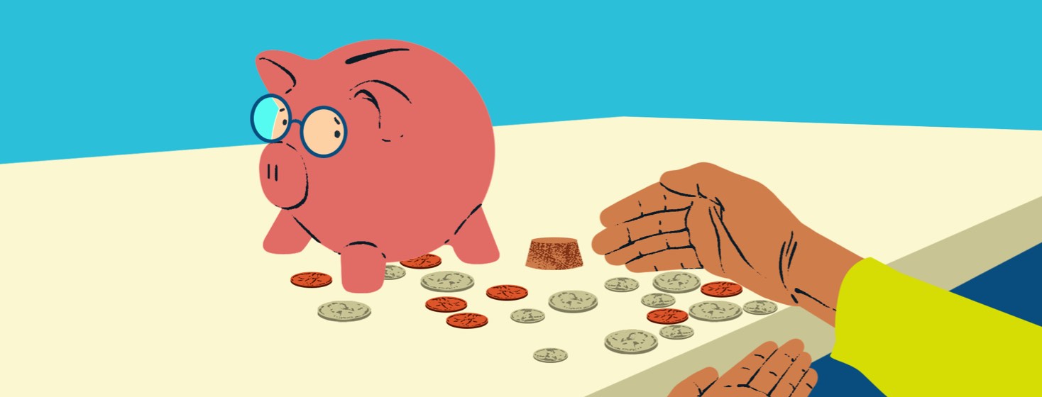 A piggy bank wearing glasses looking with concern toward a pair of hands collecting spilled coins from the table.
