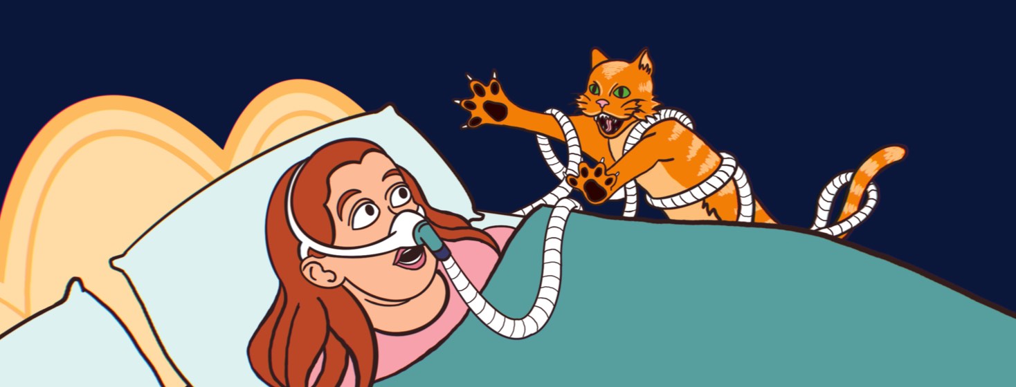 A woman wearing a nasal CPAP mask with a shocked expression watching as an orange cat tangled in CPAP tubing leaps pounces toward her head.