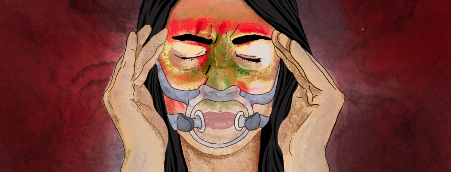 Woman with a furrowed brow wearing a CPAP mask and rubbing her temples, which glow red with pain around green and yellow sinuses.