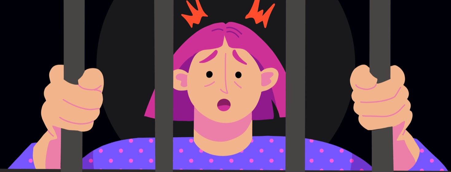 A woman holding on to prison pars from the inside of a cell looks shocked, tired, and afraid.