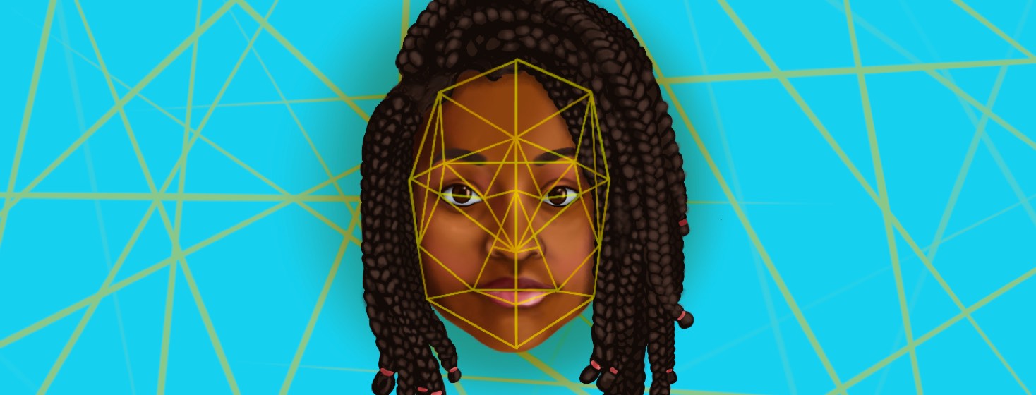 A Black woman with box braids looks directly forward with bright lines criss-crossing her face to map out its planes.
