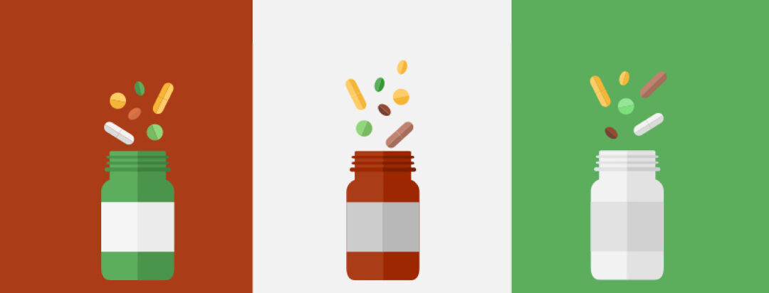 Image of three pill bottles with different pills falling into them on red, green and white background