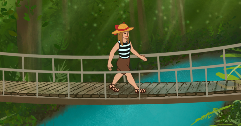 A woman in summer clothing and a wide hat walks across a bridge in a tropical scene.