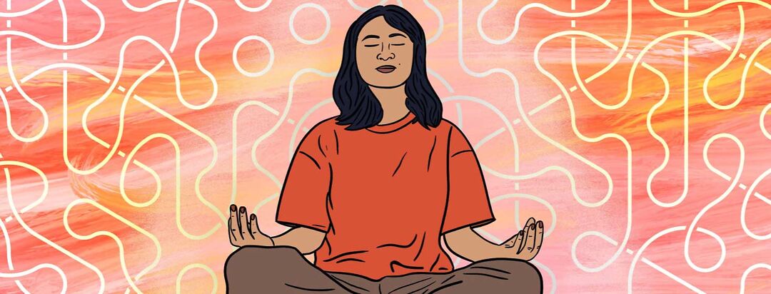 A woman sits with legs crossed and eyes closed, meditating. A swirly background is behind her.